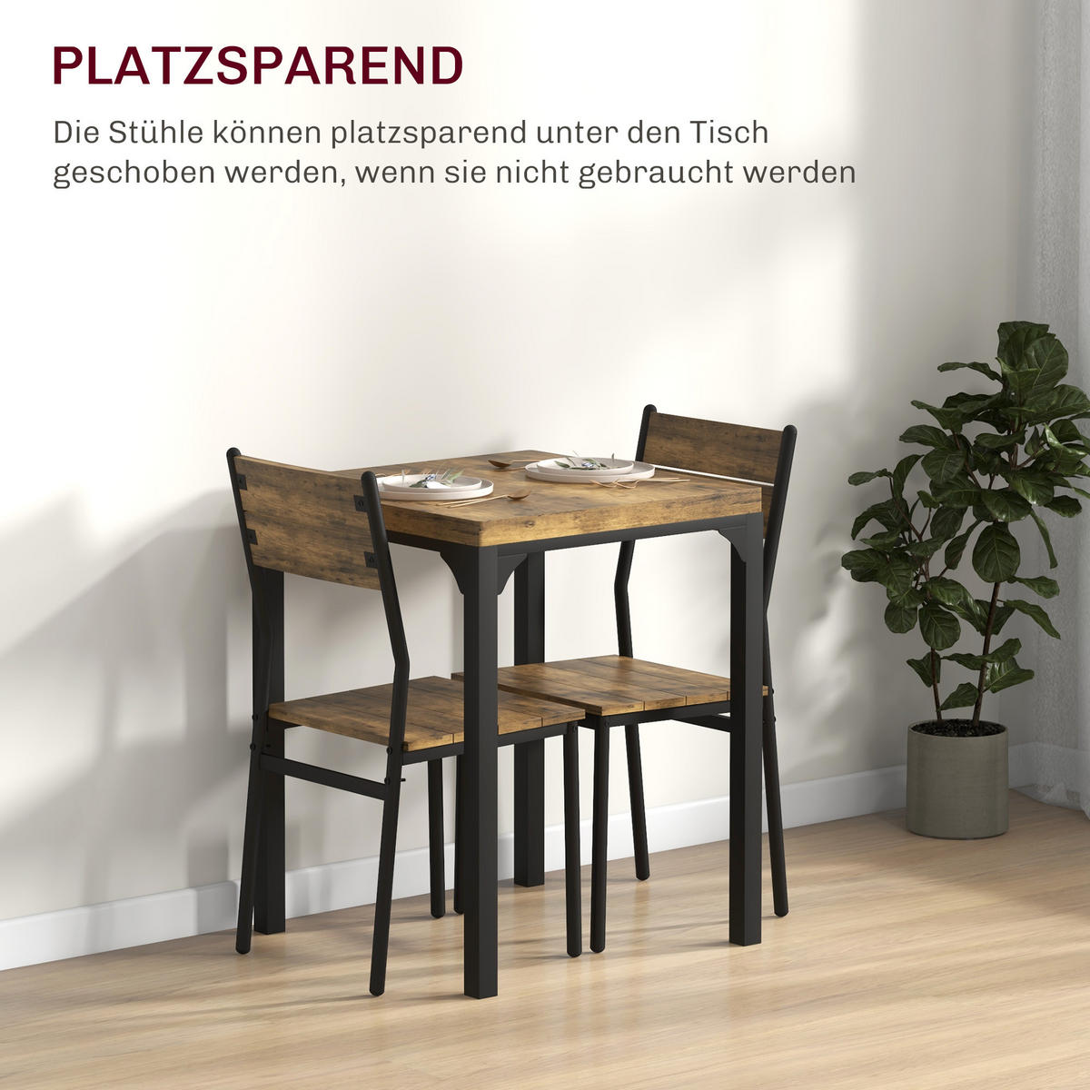 3-TEILIGE Essgruppe Küchentisch mit Metallgestell Esszimmergruppe Sitzgruppe - Braun, Holzwerkstoff (60/76/60cm) - HOMCOM