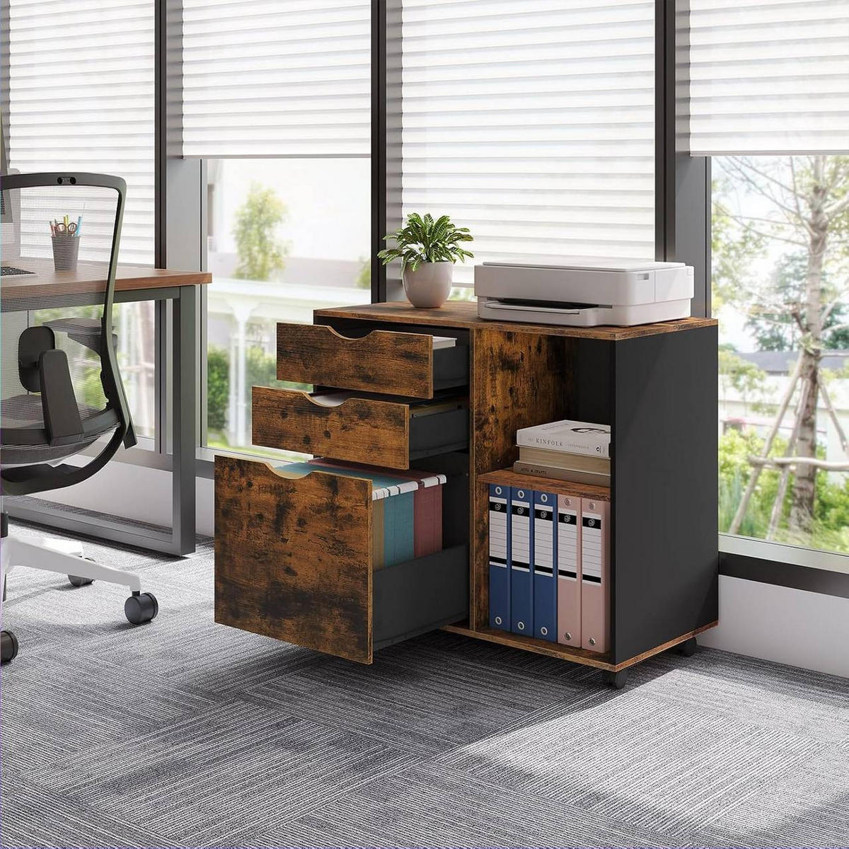 ROLLCONTAINER mit 3 Schubladen,5 Rollen, Rustikales Braun - Dunkelbraun/Schwarz, Holzwerkstoff (80/69.5/39.5cm) - Woltu