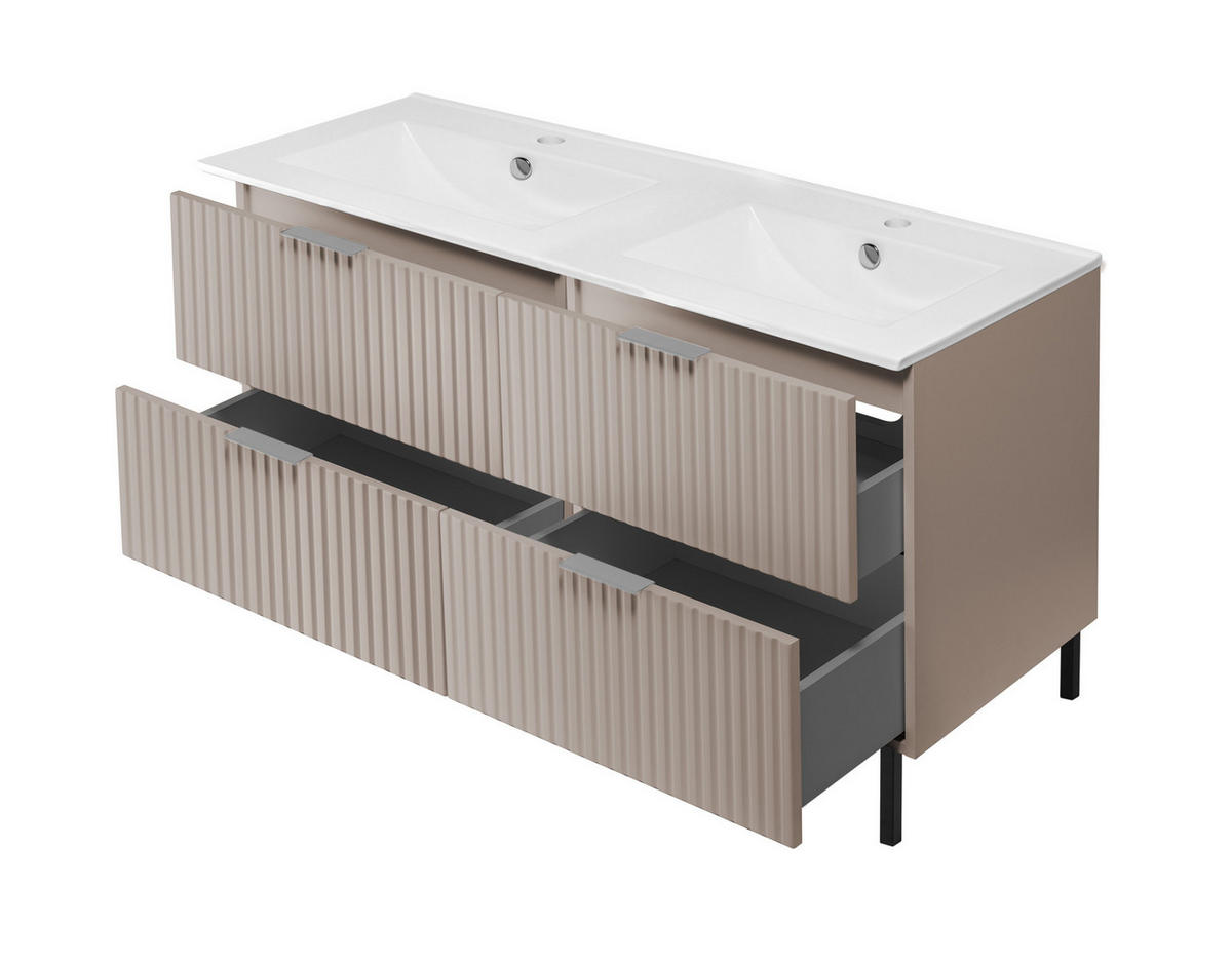 WASCHBECKUNTERSCHRANK, Kaschmir, 120 (2 x 60) x 77 x 46 cm, silberner Griff, schwarze Beine, ohne Top - Beige/Silberfarben, Holzwerkstoff (120/77/46cm) - 3XE LIVING