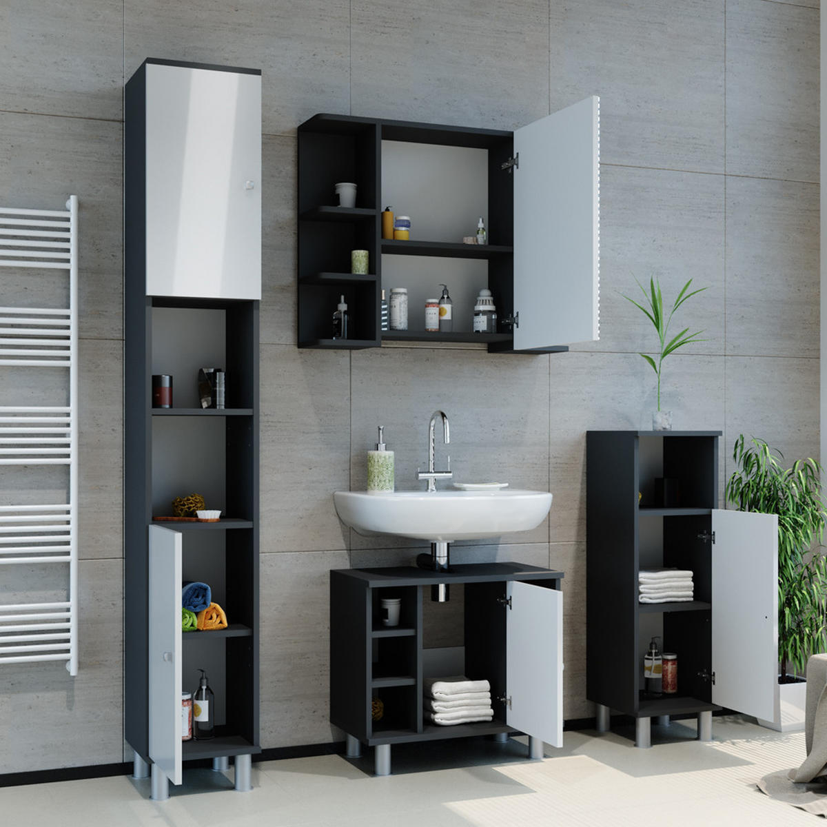BADMÖBEL-SET Fynn Anthrazit 3 Teile, mit Hochschrank - Weiß Hochglanz/Anthrazit, Holzwerkstoff (60/54/32cm) - Vicco