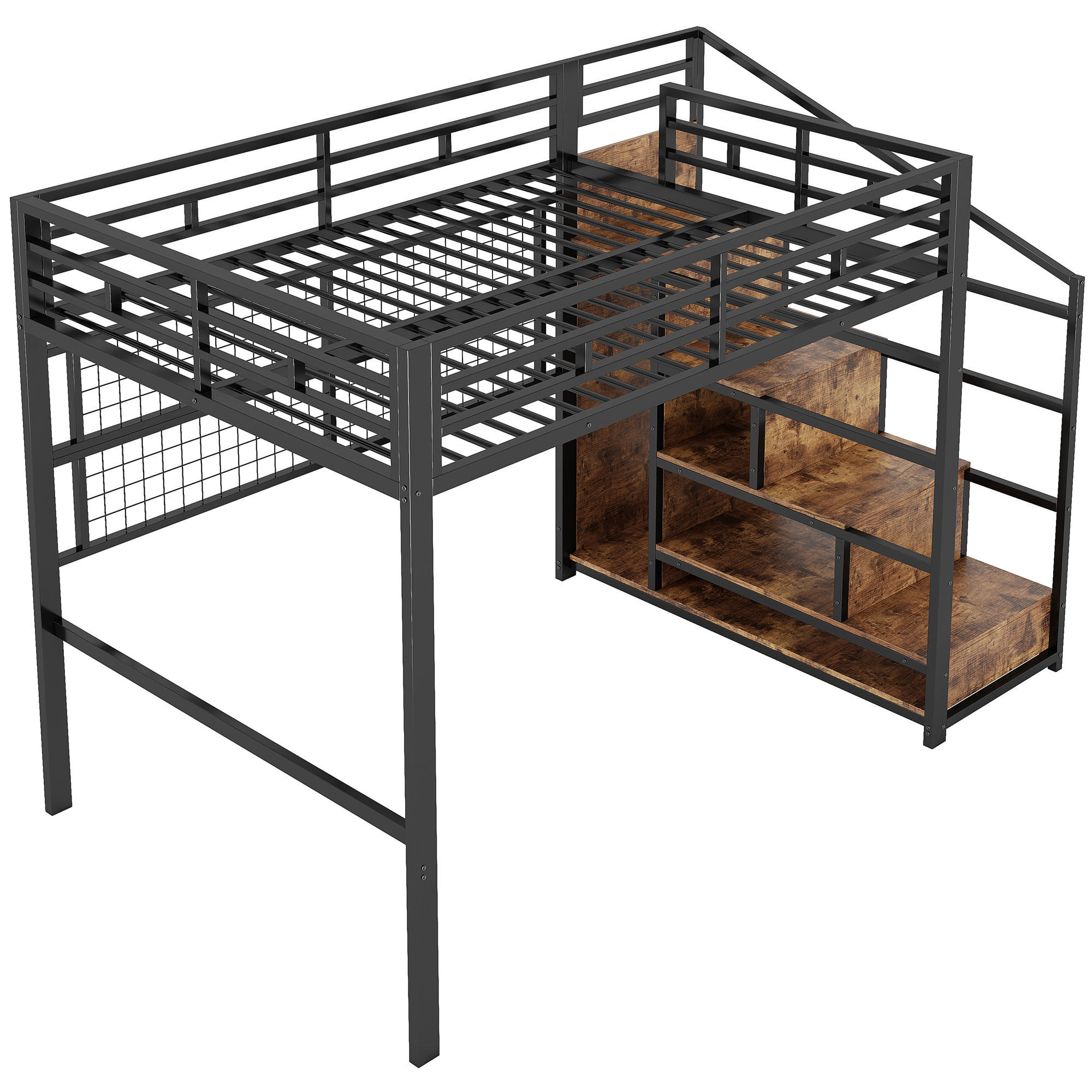 HOCHBETT 140/200 cm Schwarz mit Kleiderschrank, Stauraumleiter und 7-farbige LED-Leuchten - Schwarz, Metall (140/200cm) - Oxeza