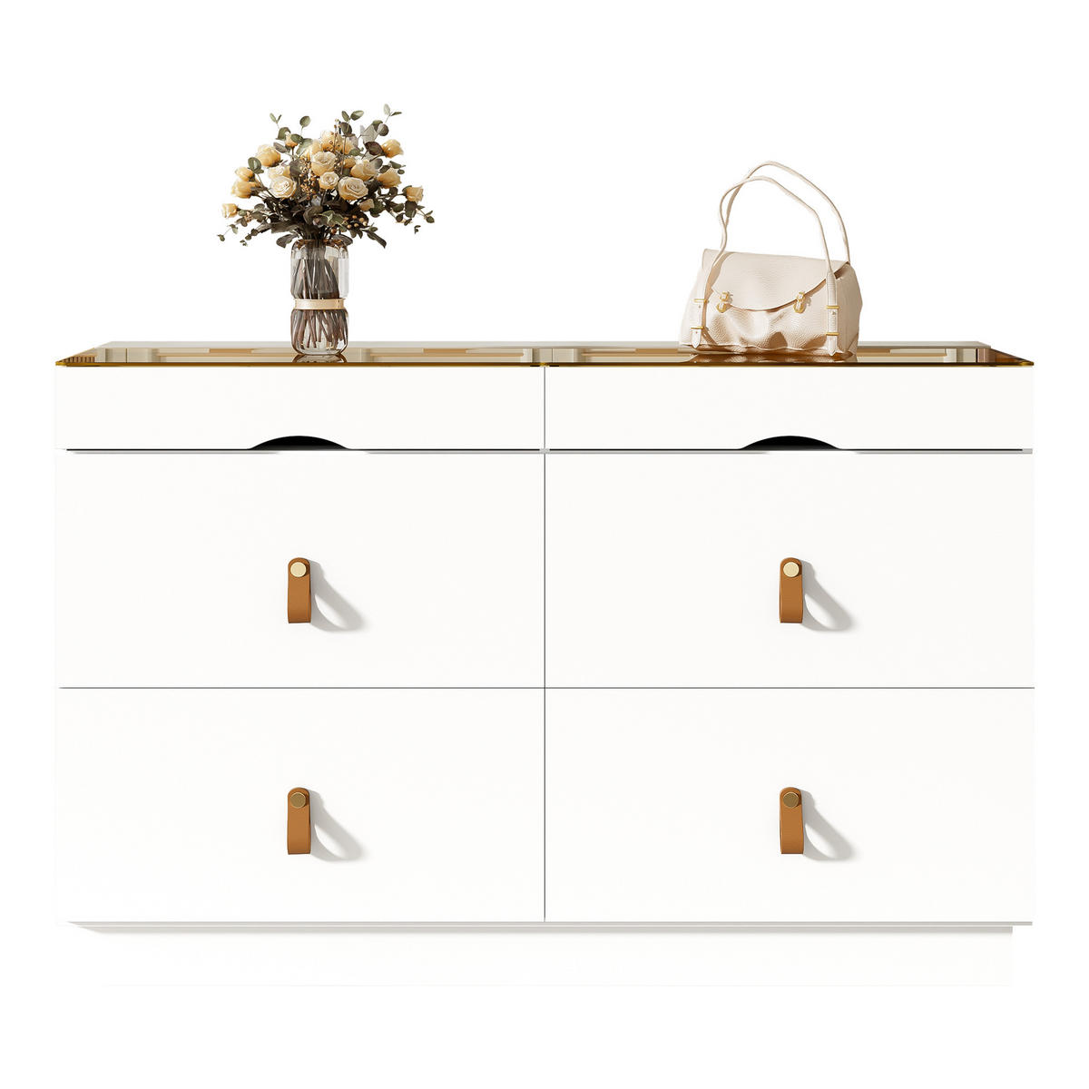 SIDEBOARD aus Glas und Spanplatte 120x40x78 cm Weiß mit 6 Schubladen, Facheinteilung und Kippsicherung - Weiß, Glas (120/78/40cm) - Modfu