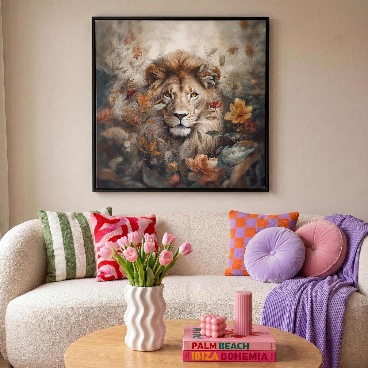 LEINWAND Bilder mit Rahmen - Löwe - Wildtiere - Pflanzen - Natur - Blumen - 90x90 - Beige, Textil (90/90cm) - MuchoWow