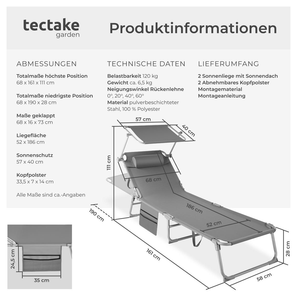 SONNENLIEGE 2er Set Chloé,190 x 68 x 28 cm, mit Seitentasche,grau - Grau, Kunststoff (68/111/161cm) - tectake