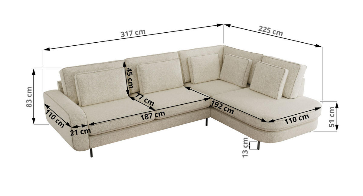 ROHOVÁ SEDAČKA CALENO L - Krémová Strukturovaná látka - Pravá Strana - černá/krémová, kov/textil (317/225cm) - MKS