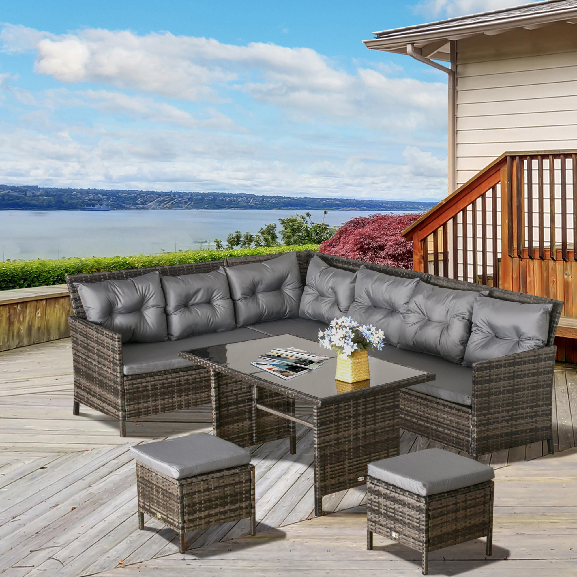 GARTENSET Lounge, Polyrattan, Grau - Grau, Kunststoff - Outsunny