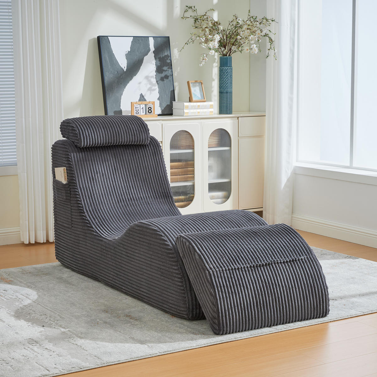 SESSEL Cord Dunkelgrau mit Seitentasche und Kopfkissen - Dunkelgrau, Holzwerkstoff/Textil (66/90/160cm) - WISHDOR