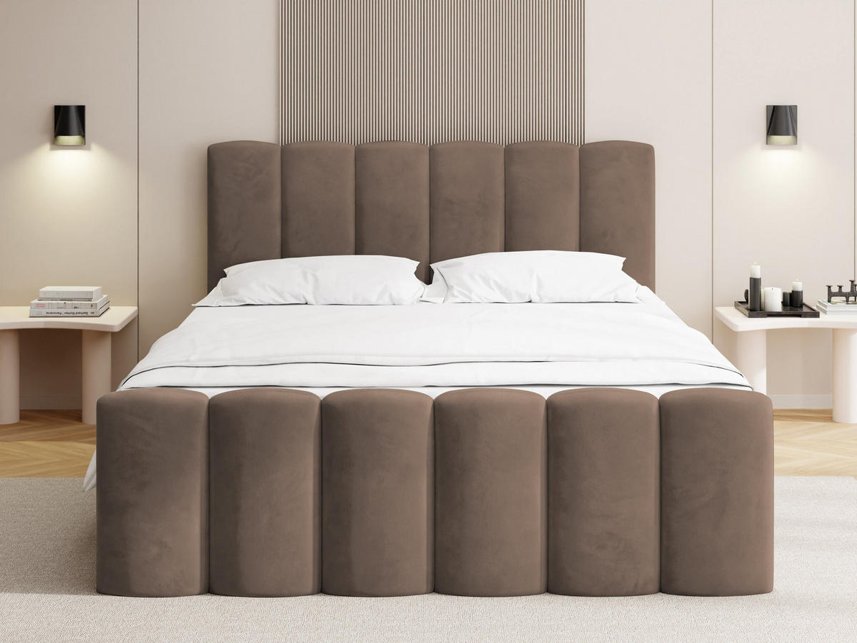 BOXBETT Serenity mit Bettkasten, Samt Braun 200x200 cm – inkl. H4 Taschenfederkern Matratze & Foam Topper - Schwarz/Braun, Holz/Holzwerkstoff (200/200cm) - WFL GROUP