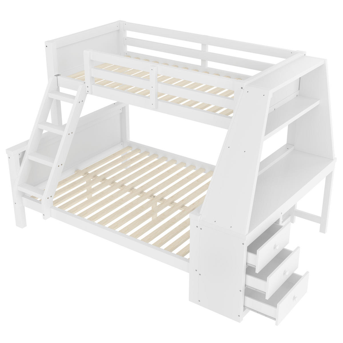 ETAGENBETT 90/200 cm + 140/200 cm mit Schreibtisch, Bücherregal und Stauraum aus Massivholz, Weiß - Weiß, Holz (90/200cm) - Redom