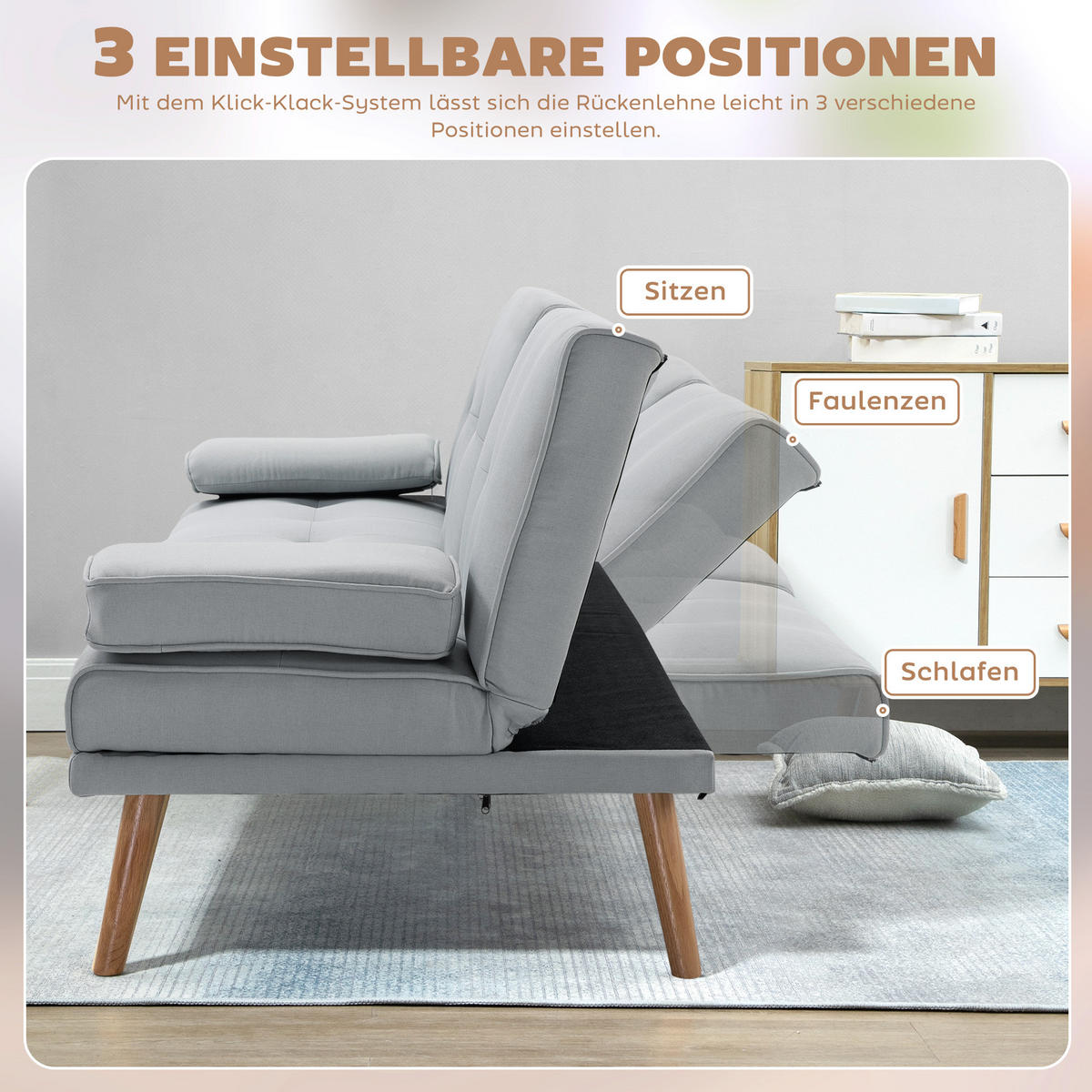 SCHLAFSOFA Sofabett Schlafcouch 3 Sitzer Leinen Hellgrau - Hellgrau/Naturfarben, Holz/Textil (77/78/181cm) - HOMCOM
