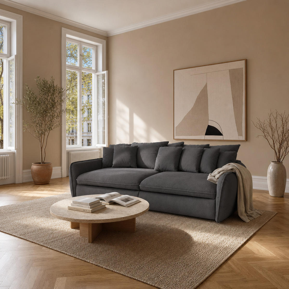 BIGSOFA Hereford Flachgewebe Dunkelgrau inkl. 11 Kissen 234/131/61 cm - Dunkelgrau, Kunststoff/Textil (234/61/131cm) - foamnova