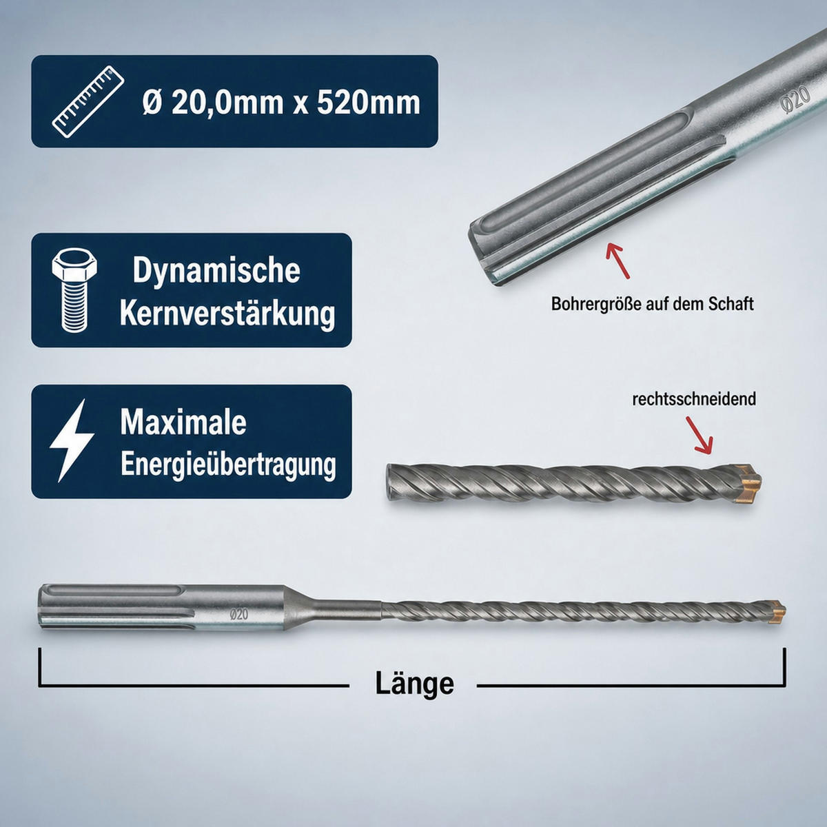 HAMMERBOHRER für SDS-MAX 4-Schneider Ø 20,0mm x 520mm Länge - Silberfarben, Metall (52/2/2cm) - KLASEBO