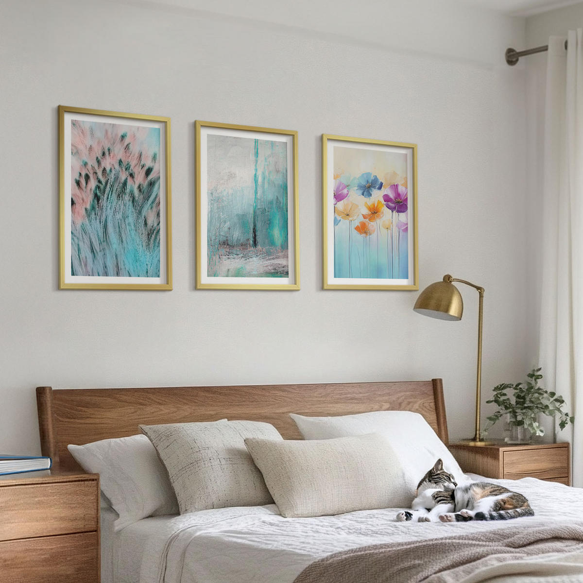 WANDBILDER 3er Set - 40x60 cm Goldrahmen - Hintergrundmuster mit Pastellblumen - Goldfarben, Kunststoff (40/60cm) - ArtPrintCave