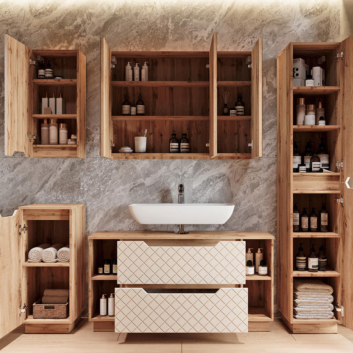 BADMÖBEL-SET Lotta Eiche/Kaschmir mit Kachelstruktur 4 Teile - Kaschmir/Eichefarben, Holzwerkstoff (119.2/62.5/35cm) - Vicco