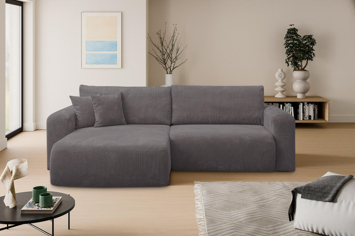 ECKSOFA Roma, Eckcouch in L-Form mit Schlaffunktion und Bettkasten, Farbe: Dunkelgrau, Cordstoff, Ottomane Universal - Dunkelgrau, Textil (244/142cm) - VENASI MÖBEL