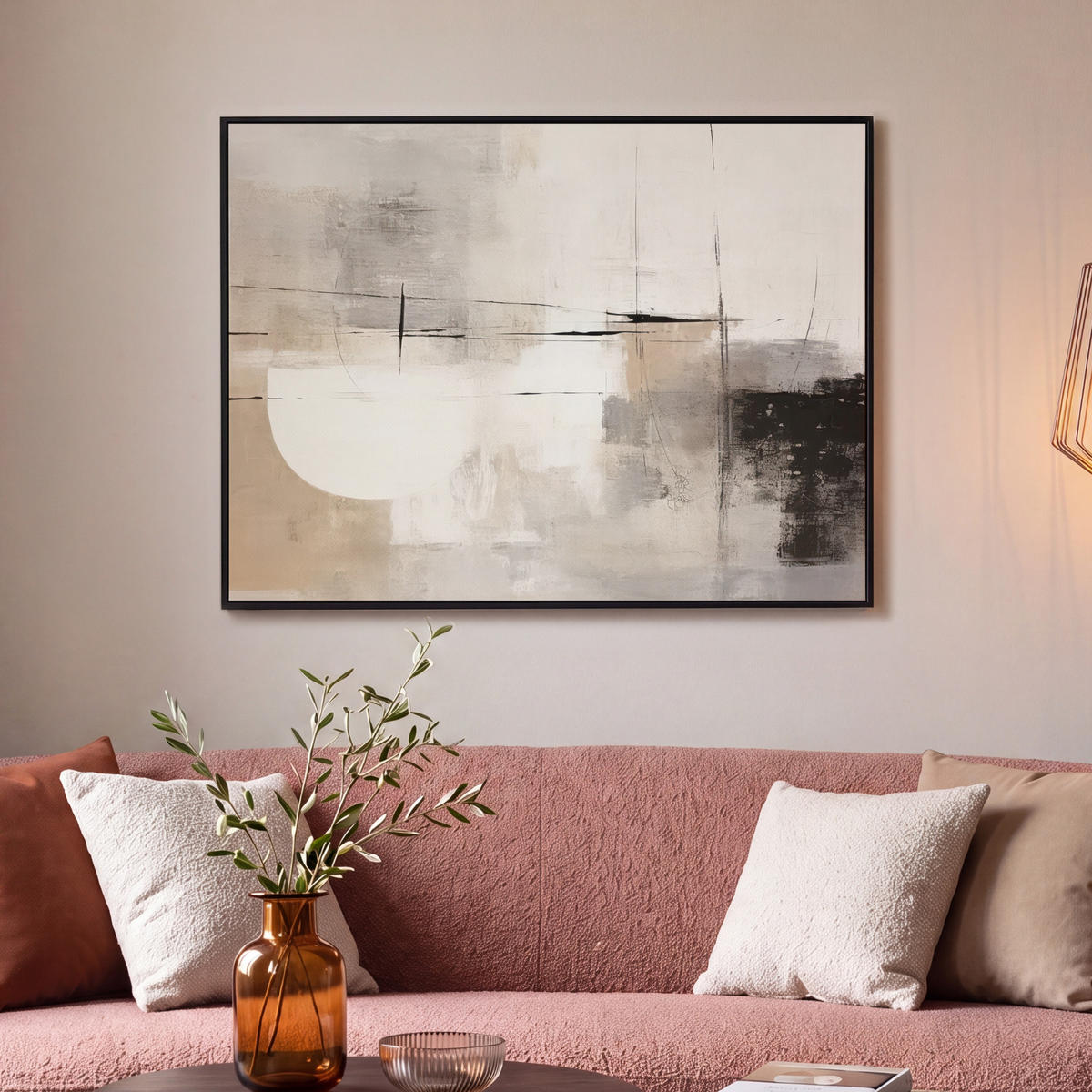 LEINWAND Bilder mit Rahmen - Abstrakt - Kunst - Grau - 100x70 - Hellgrau, Textil (100/70cm) - MuchoWow