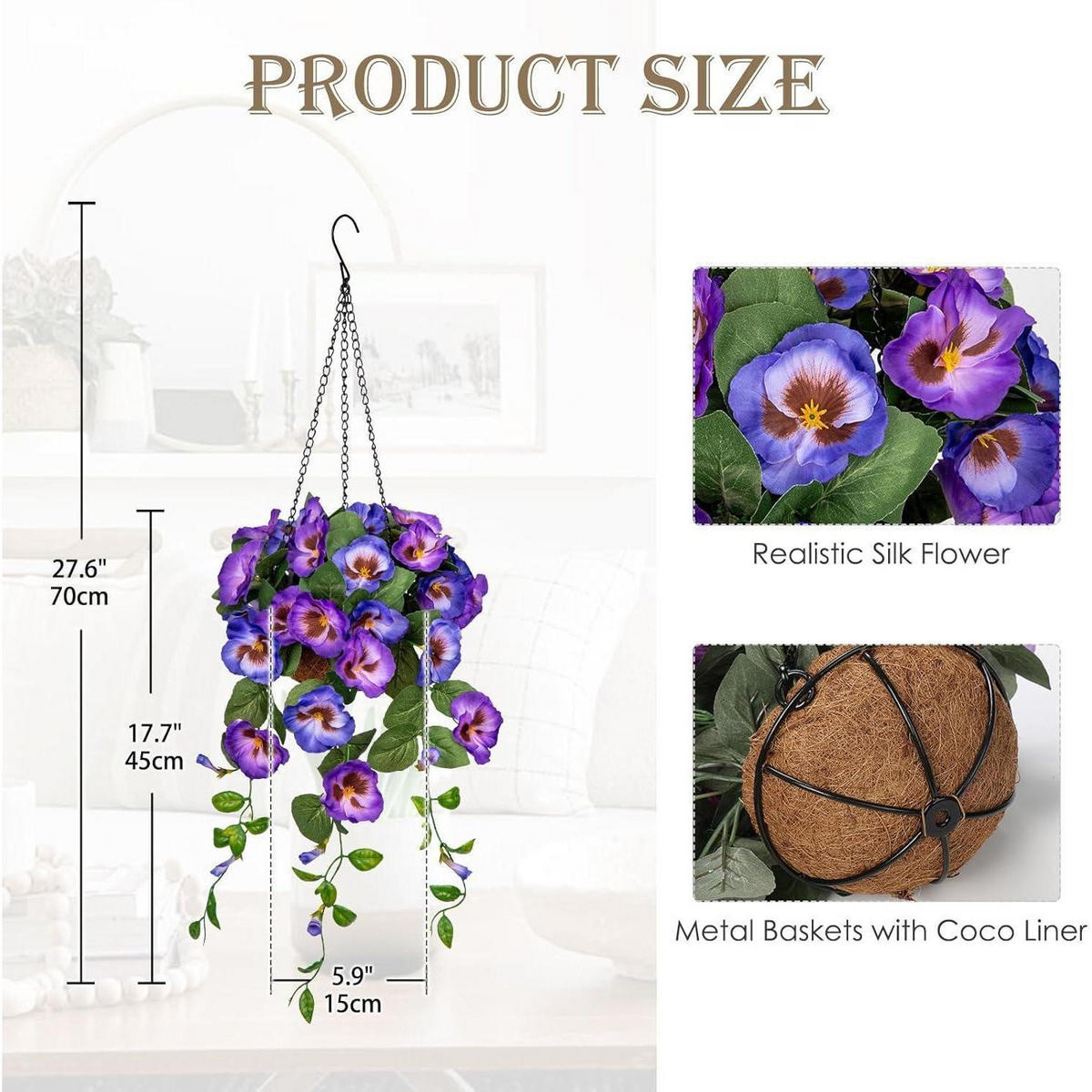 KUNSTBLUME Hängende Stiefmütterchen mit Hängeampel 70 cm Blau - Multicolor, Textil (22cm)