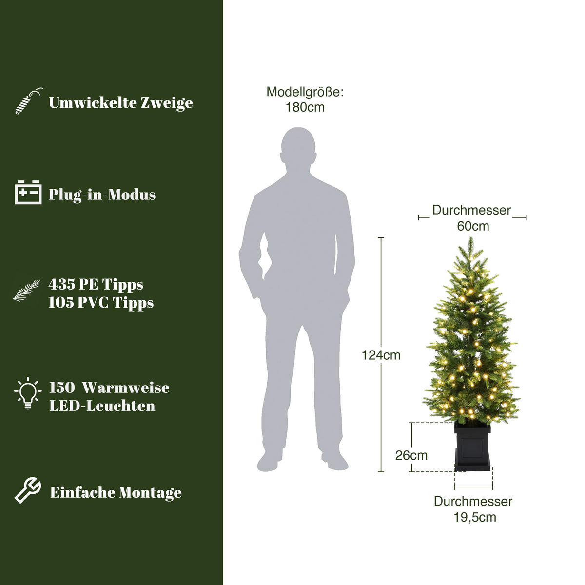 KÜNSTLICHER Weihnachtsbaum 124 cm mit Beleuchtung und 150 LEDs - Grün, Kunststoff (124cm) - Hometopia