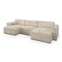 WOHNLANDSCHAFT FENTO Creme Kordstoff mit Schlaffunktion - Creme, Holz (347/90/148cm) - MASSENO