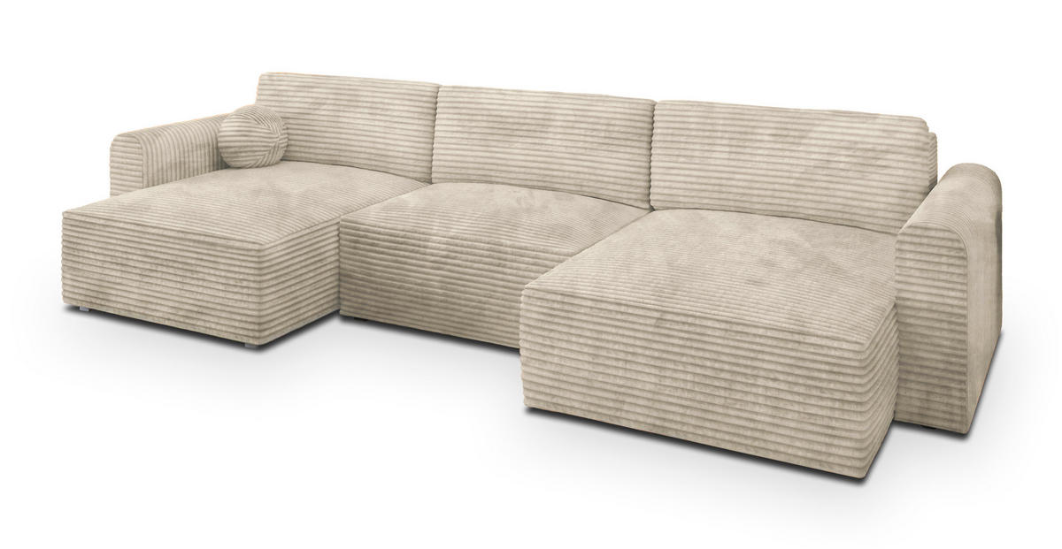 WOHNLANDSCHAFT FENTO Creme Kordstoff mit Schlaffunktion - Creme, Holz (347/90/148cm) - MASSENO