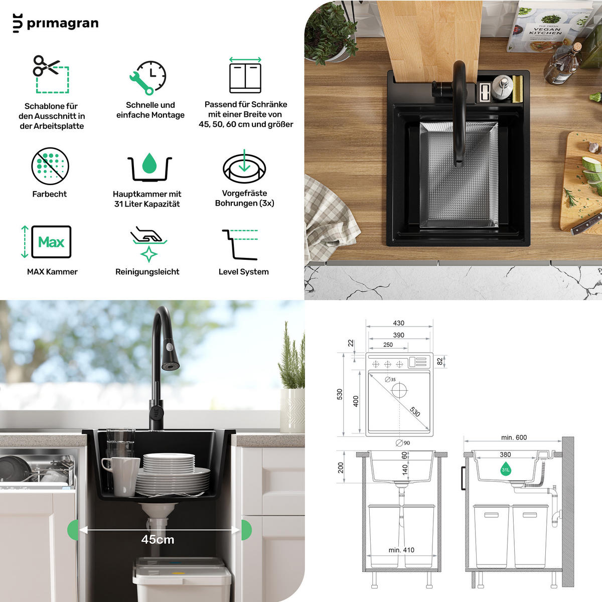 GRANITSPÜLE Oslo Pocket, 2-er set Weiß 43/53 cm 1 Becken + Küchenarmatur 38/14 cm + Ablauf-Set + Küchenzubehörset ab 45er Unterschrank - Chromfarben/Beige, Kunststoff (43/20/53cm) - Primagran