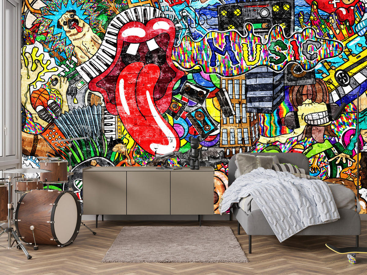 FOTOTAPETE für Jugendzimmer GRAFFITI Musik Abstrakt Farben 250x175 - Blau/Gelb, Papier (250/175cm) - Muralo