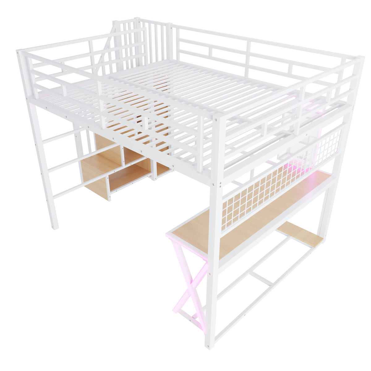 HOCHBETT 160/200 cm mit LED, Schreibtisch und Kleiderschrank, DE-04920, in Weiß - Weiß, Metall (160/200cm) - ComfortXL
