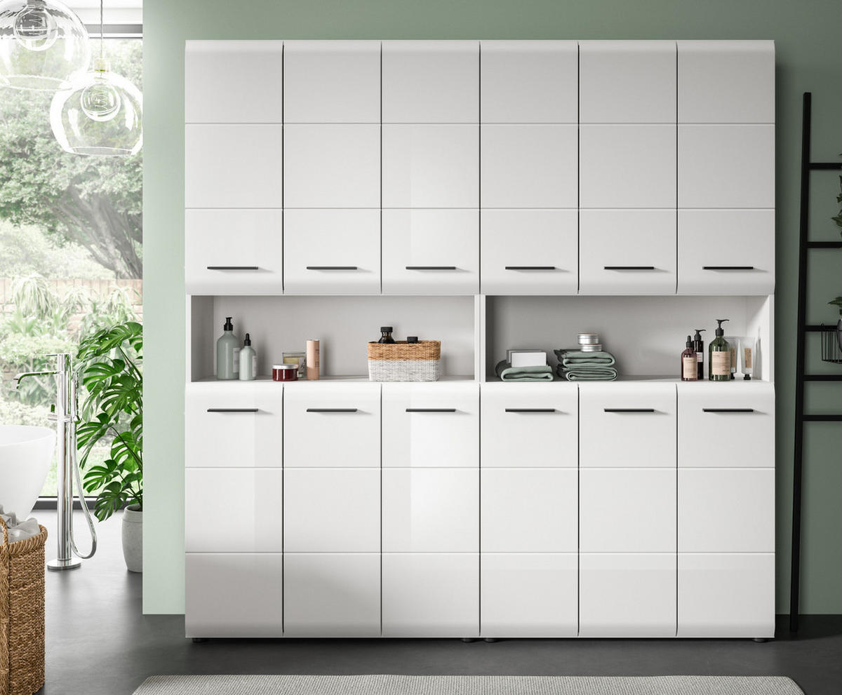 HOCHSCHRANK weiß Hochglanz 180 cm, Badezimmer Schrank mit viel Stauraum - Weiß Hochglanz/Silberfarben, Holzwerkstoff/Kunststoff (180/185/30cm) - Inn.Furn