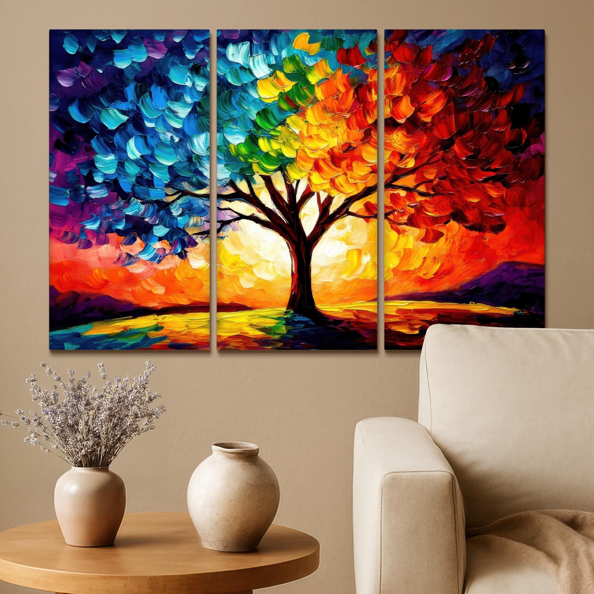 LEINWANDBILD 3er Set Baum - Farbenfroh - Malerei-Look - Abstrakt 90x60 cm - Multicolor, Textil (90/60cm) - MuchoWow