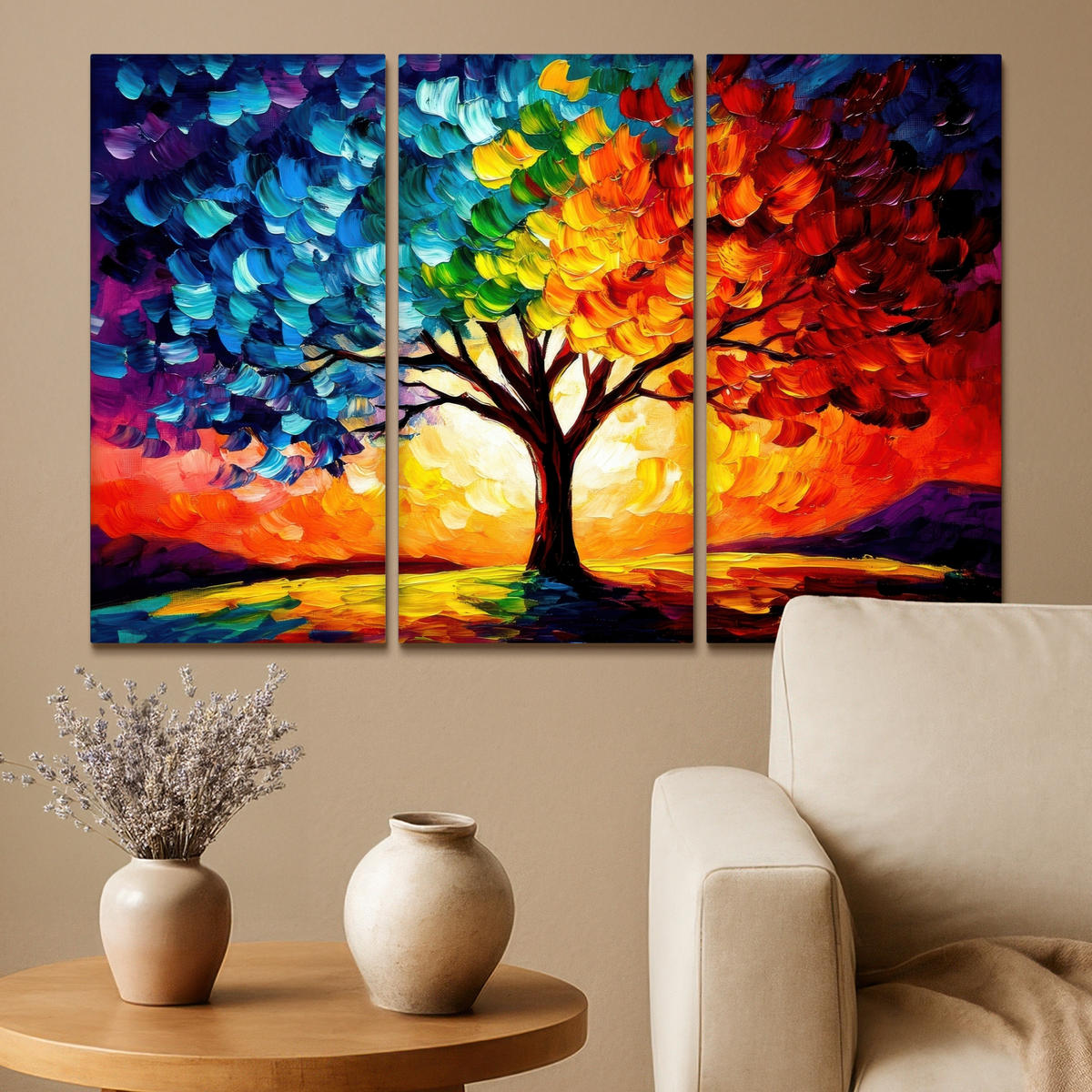 LEINWANDBILD 3er Set Baum - Farbenfroh - Malerei-Look - Abstrakt 90x60 cm - Multicolor, Textil (90/60cm) - MuchoWow
