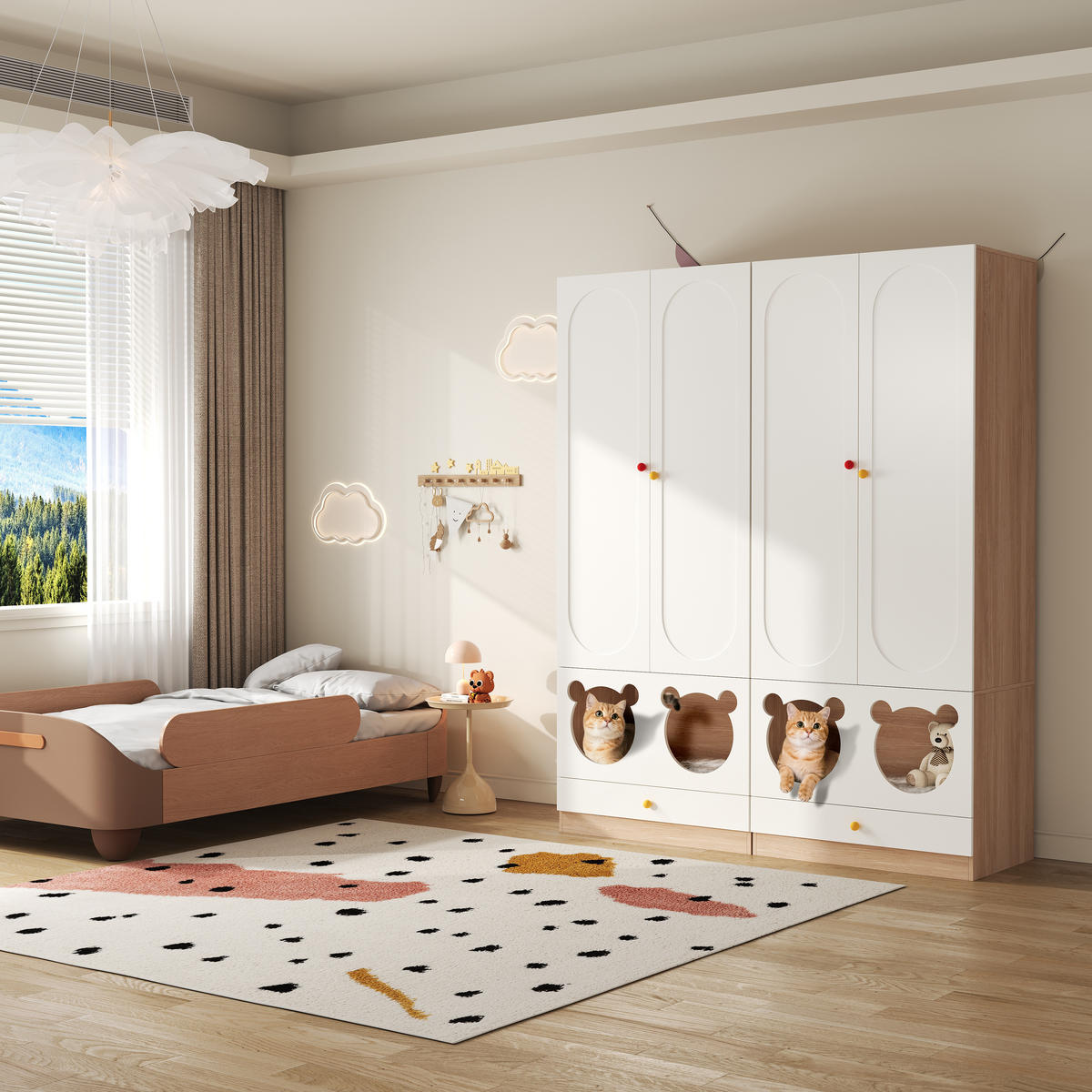 KINDERREGAL in Weiß Kinderkleiderschrank 2-teilig mit Bügelstange und Katzenbett für Schlafzimmer, B160/T50/H200cm - Weiß, Keramik/Holzwerkstoff (160/200/50cm) - STILVORA