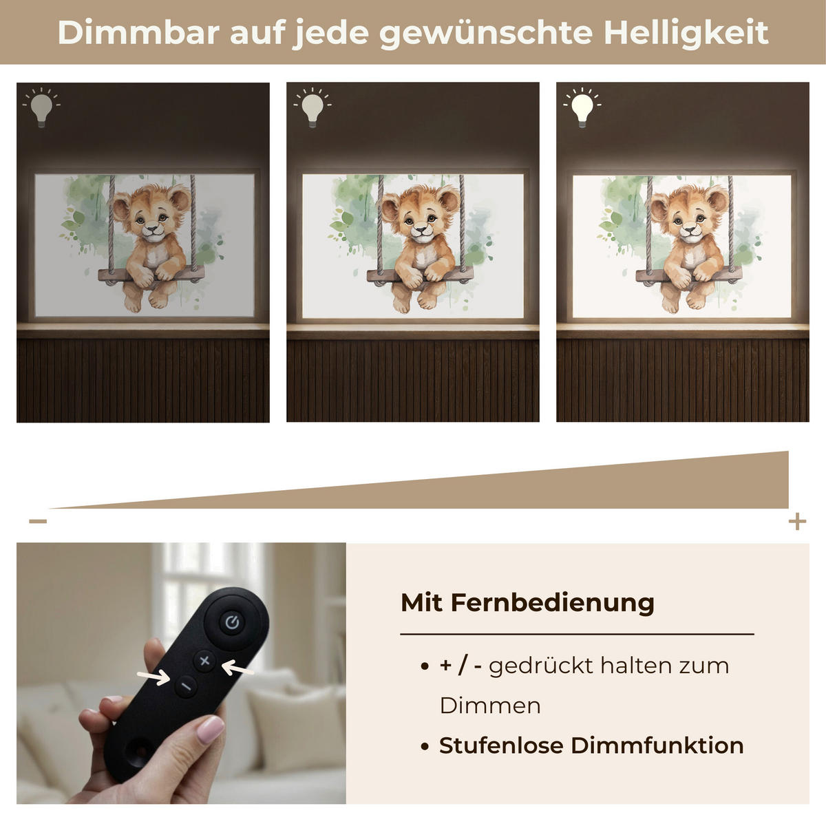 WANDLEUCHTE MIT AKKU Löwe - Tier - Kinder - Dschungel 60x40 cm - Weiß, Holzwerkstoff (60/40/8cm) - OnlyWow
