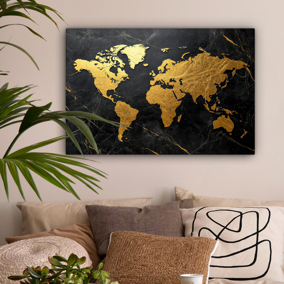 OBRAZ NA PLÁTNĚ Mapa světa - Zlato - Mramor 90x60 cm - zlatá, textil (90/60cm) - MuchoWow