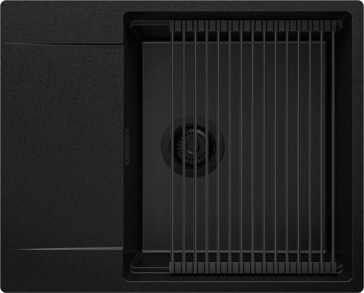 SPÜLBECKEN San Francisco, 2-er set Alles Schwarz 62/50 cm 1 Becken + Ablauf-Set + Aufrollbare Abtropffläche ab 50er Unterschrank - Schwarz, Kunststoff (62/20/50cm) - Primagran