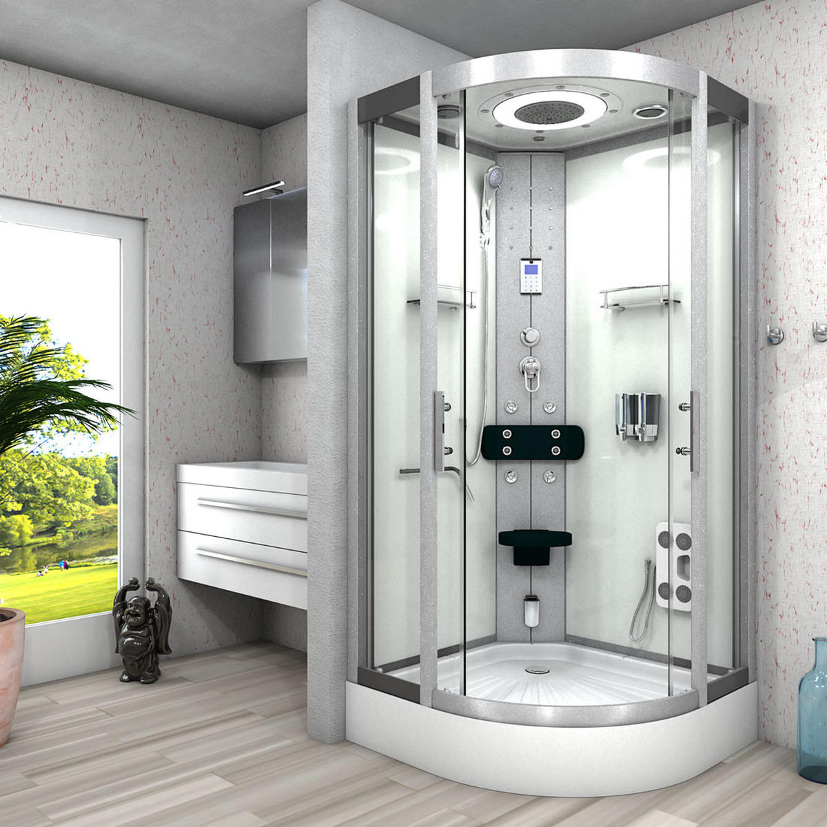 DAMPFDUSCHE Duschkabine D58-20T2-EC Weiß 100x100 - Weiß, Glas/Kunststoff (100/100/215cm) - AcquaVapore by Sandra Jentho