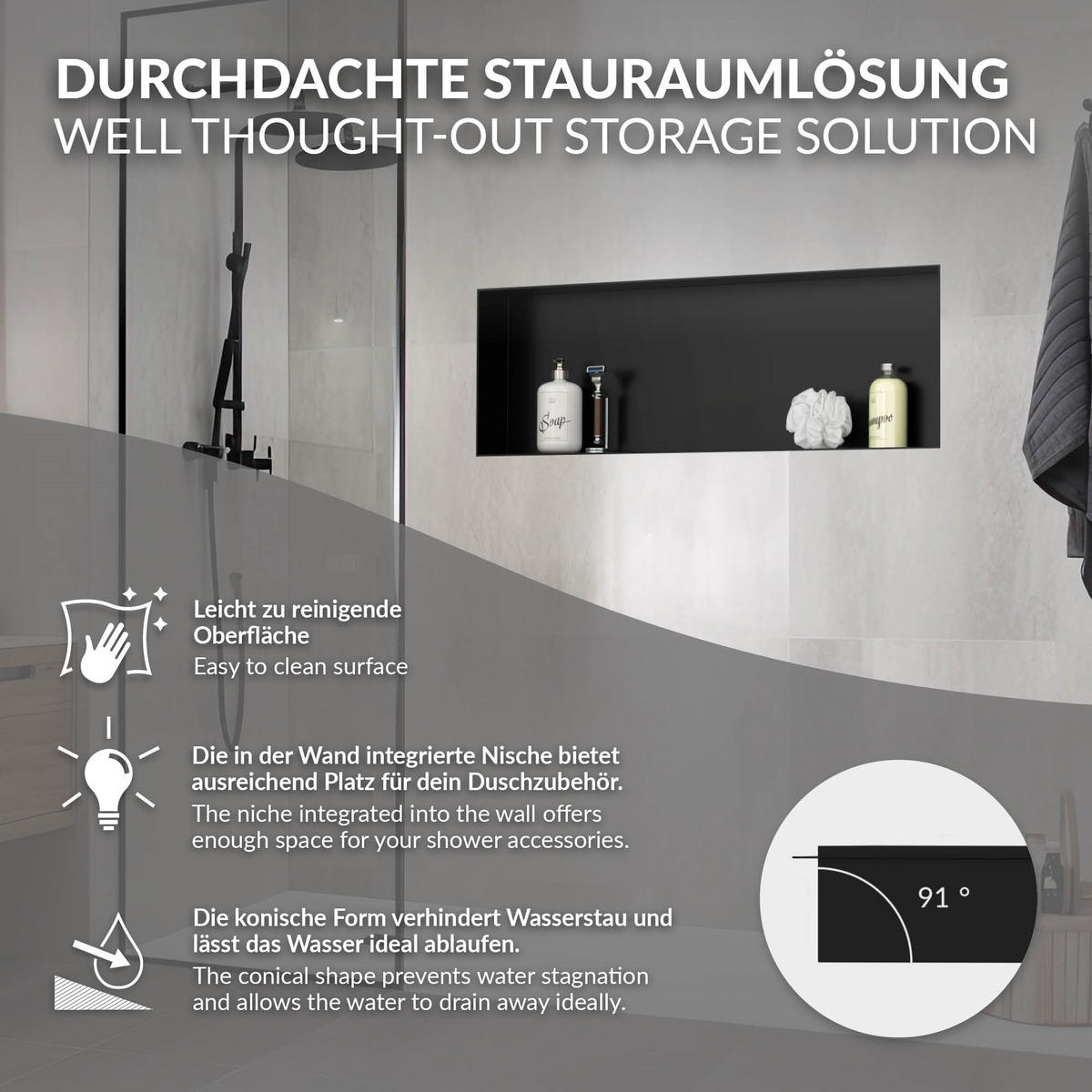 DUSCHNISCHE Schwarz 90/30 cm randlos - Schwarz, Metall (90/30/10cm) - LuxeBath
