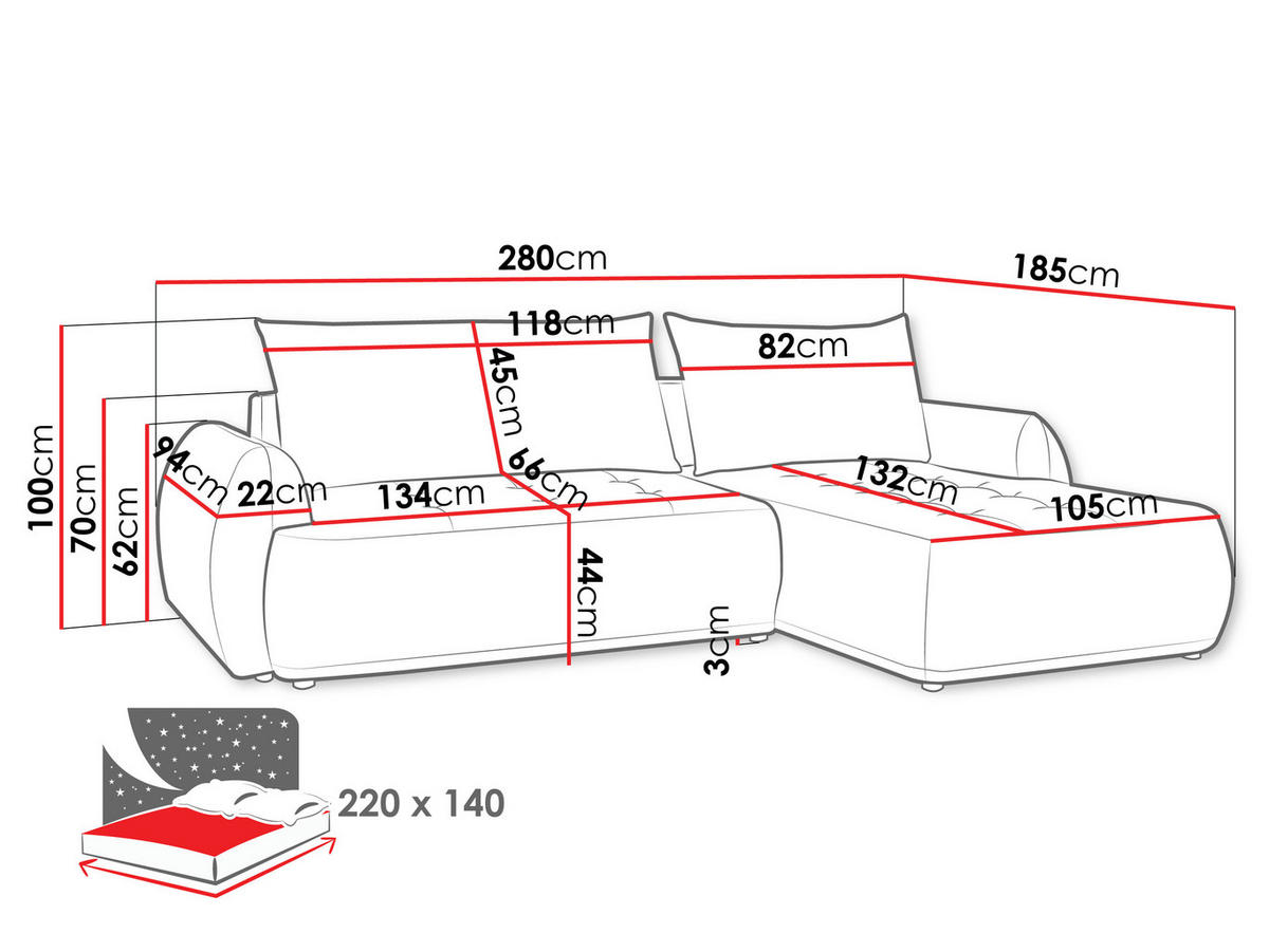 ECKSCHLAFSOFA Bueno II, Seite: Links - Creme/Schwarz, Holz/Textil (280/185cm) - MIRJAN24