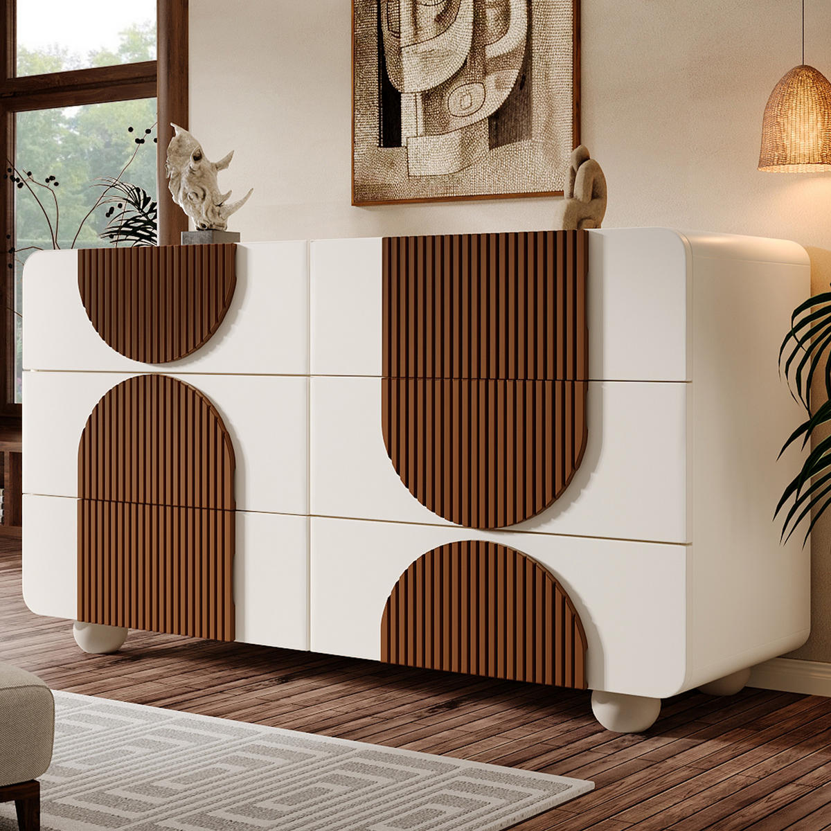 KOMMODE in Weiß Sideboard mit schokoladenfarbenen Holzleisten und Schubladen für Wohnzimmer, B121/T41/H71 cm - Weiß/Braun, Holz/Holzwerkstoff (121/71/41cm) - STILVORA