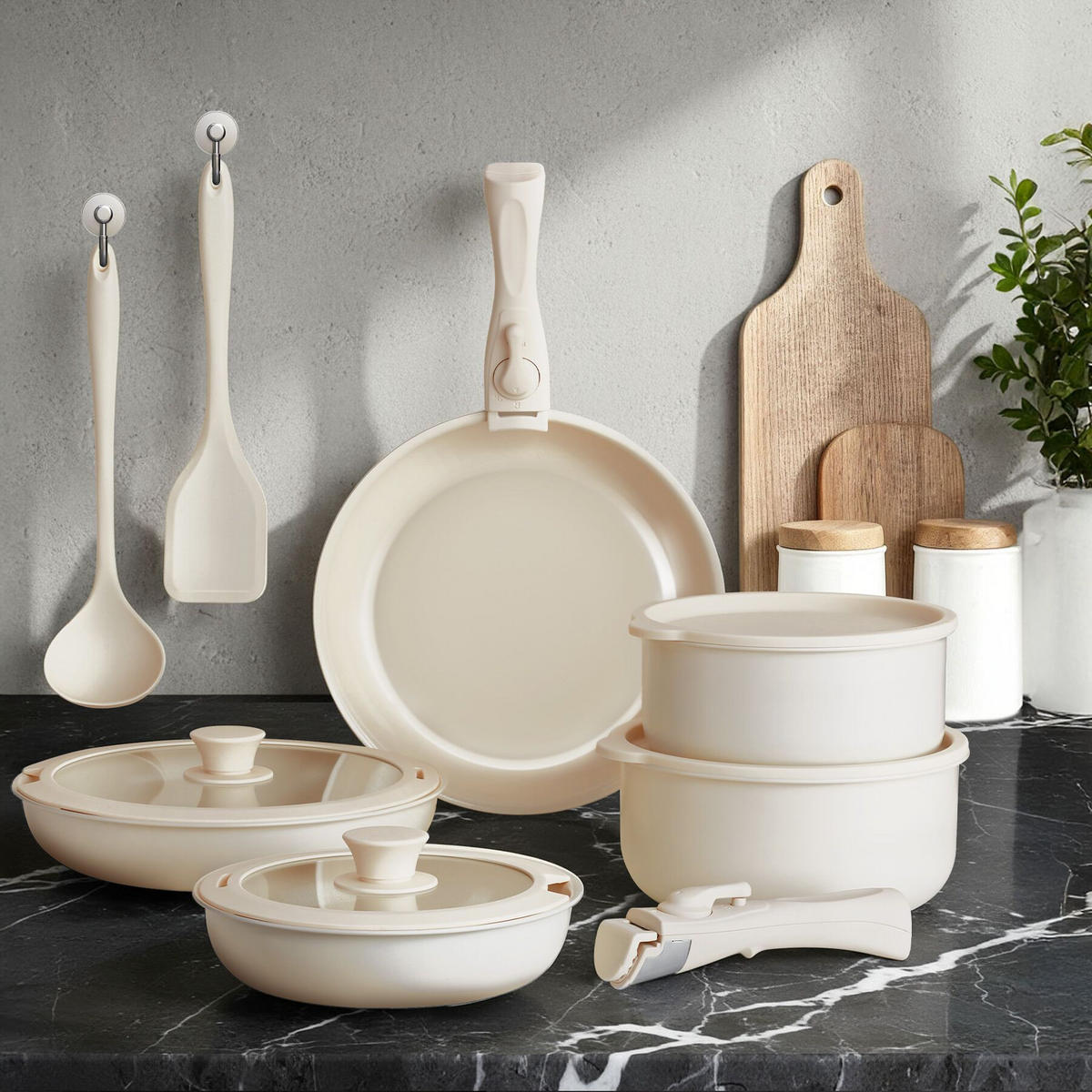 KOCHTOPFSET Genua,2 Küchenwerkzeuge und 3 Topfschoner aus Filz,weiß - Weiß, Metall - tectake