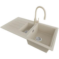GRANITSPÜLE - Kopenhagen, 3-er set Beige 90/50 cm, 1,5 Becken + Küchenarmatur 38/14 cm + Ablauf-Set ab 60er Unterschrank - Chromfarben/Beige, Kunststoff (90/19/48cm) - Primagran