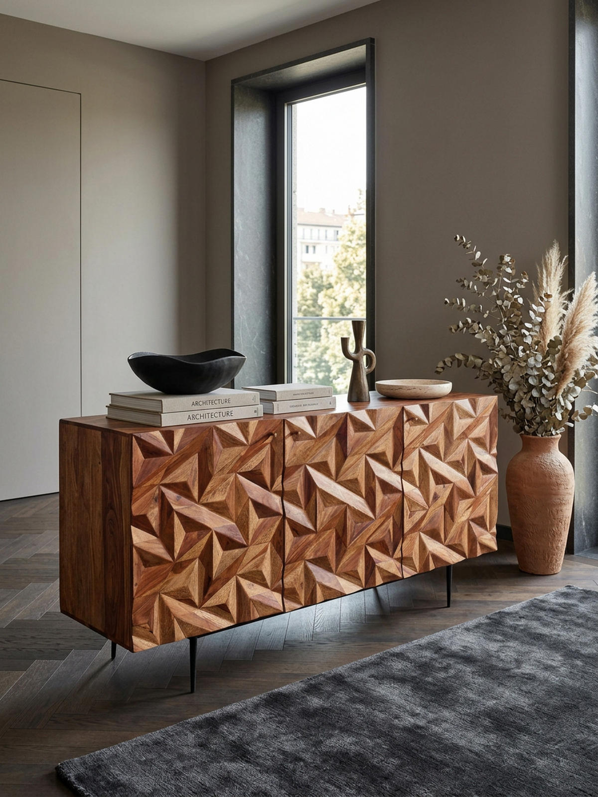SIDEBOARD – "Metallux", Massivholz, braun, 3D-Oberfläche, modern - Schwarz/Braun, Holz/Metall (144/72/47cm) - KADIMA DESIGN