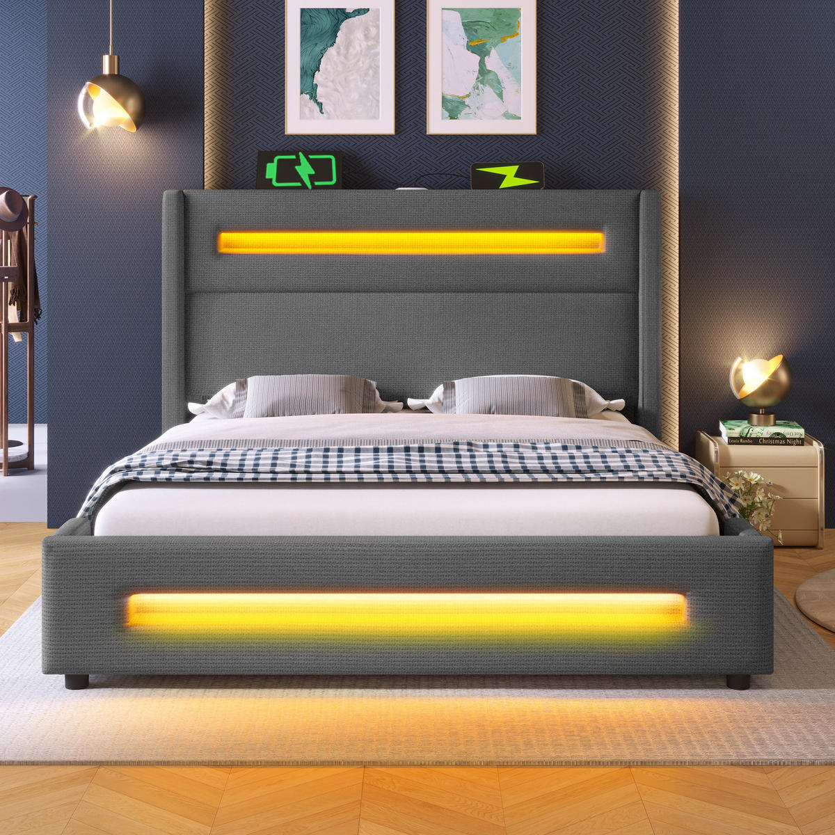 POLSTERBETT 160/200 cm Grau mit LED-Beleuchtung und Stauraumfunktion - Grau, Textil (160/200cm) - OKWISH