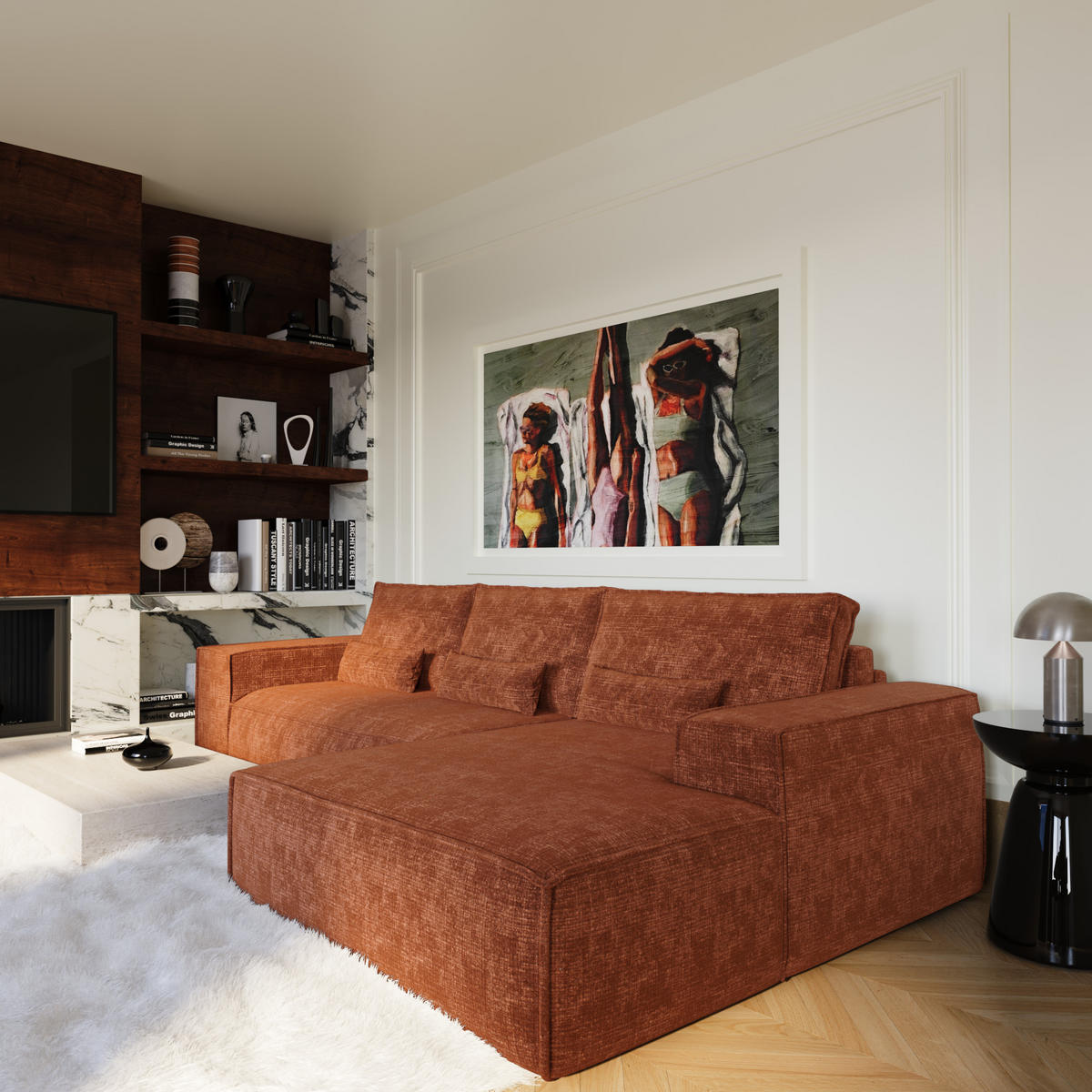 ECKSOFA rechtwinklig JUNE Geprägter Samt Terrakotta 320cm - Dunkelorange/Terracotta, Textil (320/165cm) - Premium Interiors