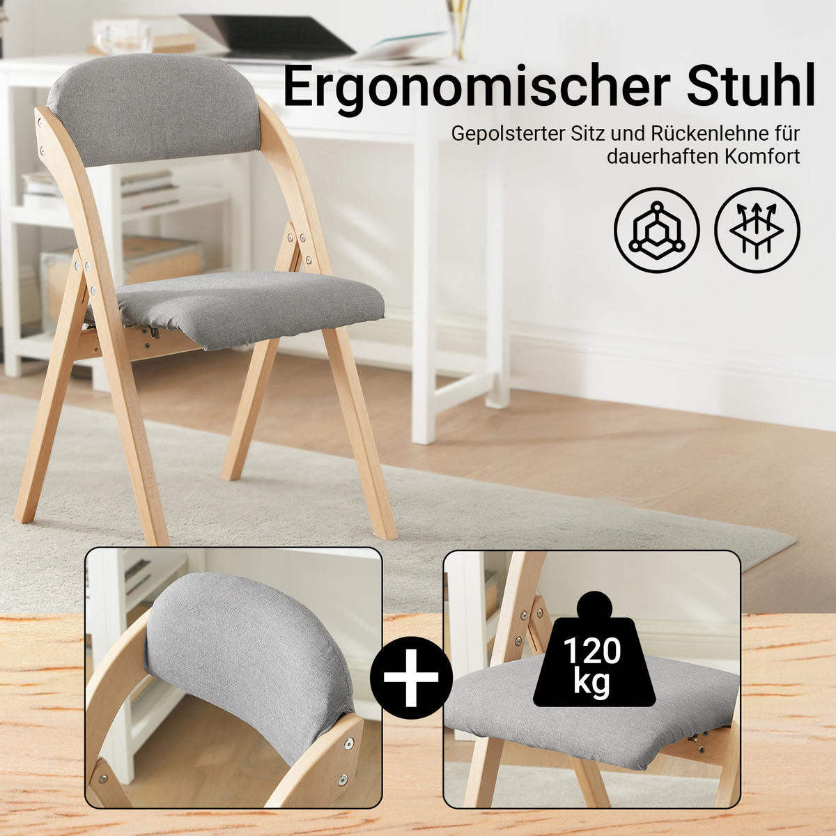 KLAPPSTUHL Buche Gepolstert, 47.5x77x59cm, Grau - Grau, Holz (47/93/8cm) - SoBuy