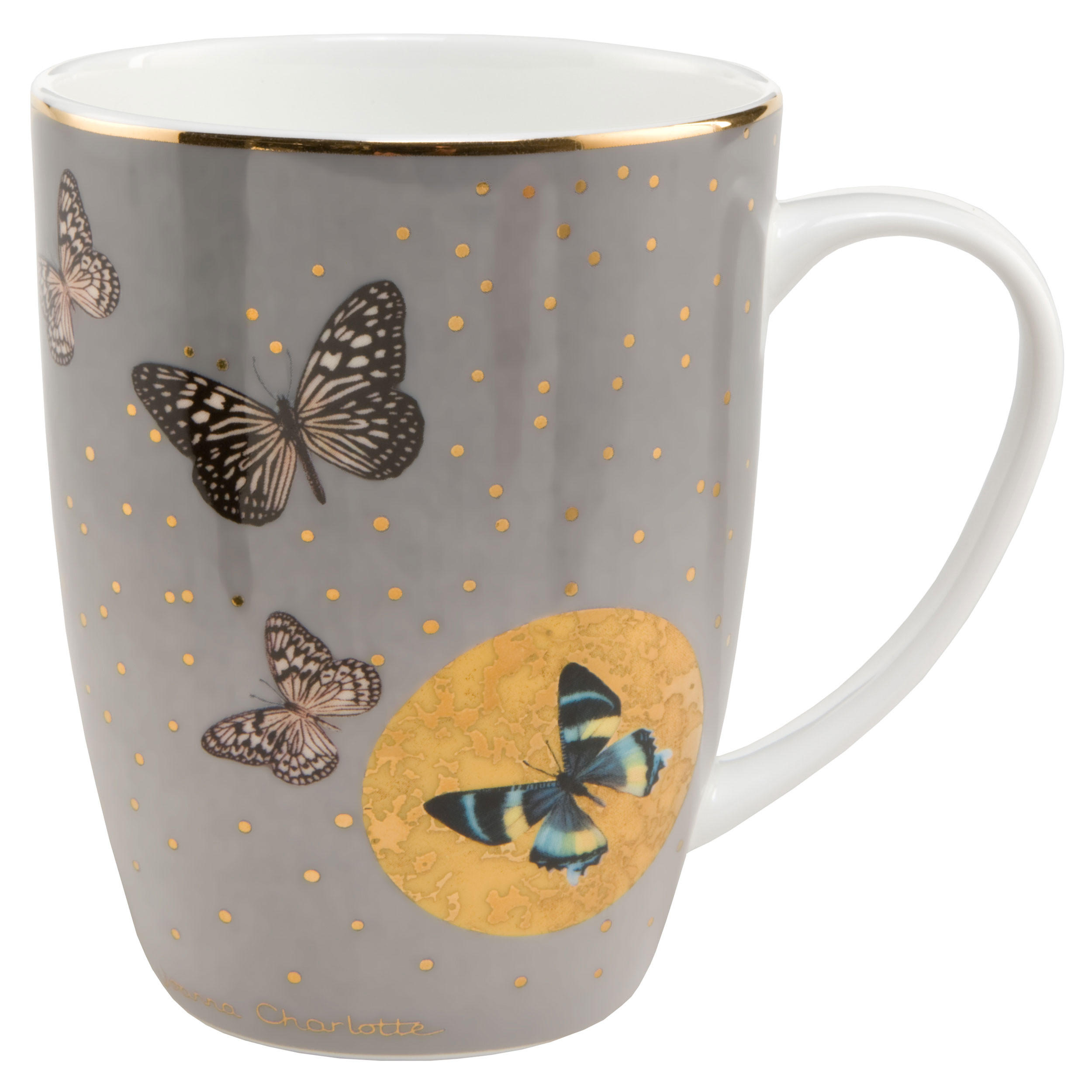 KÜNSTLERTASSE Grey Butterflies, Joanna Charlotte, Porzellan Bone China, 400 ml - Multicolor, Keramik (0.4L) - Goebel