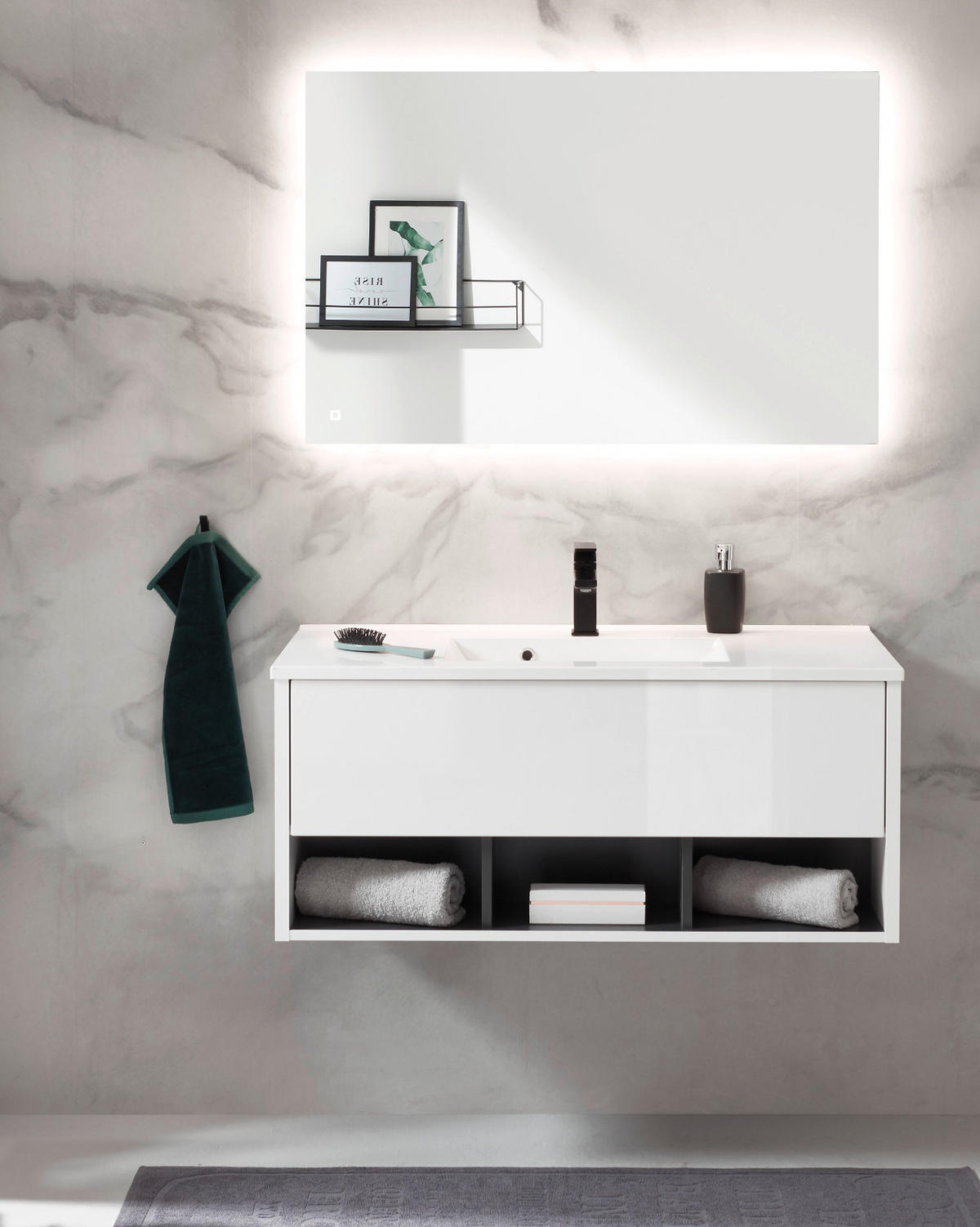 BADMÖBEL Set in weiß Hochglanz und grau mit Waschbecken und LED Beleuchtung 100 x 190 cm Glide - Weiß Hochglanz/Grau, Glas/Holzwerkstoff (100/190/190cm) - Furn.Design