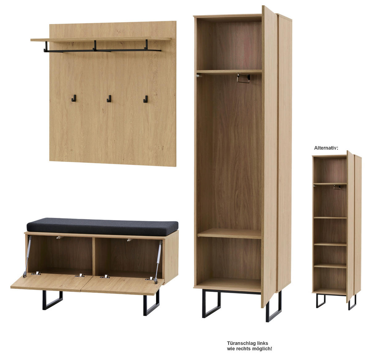 GARDEROBE-SET Stone Eiche 4-teilig 158 cm, Set mit viel Stauraum - Eichefarben/Schwarz, Holzwerkstoff/Metall (158/200/40cm) - Furn.Design