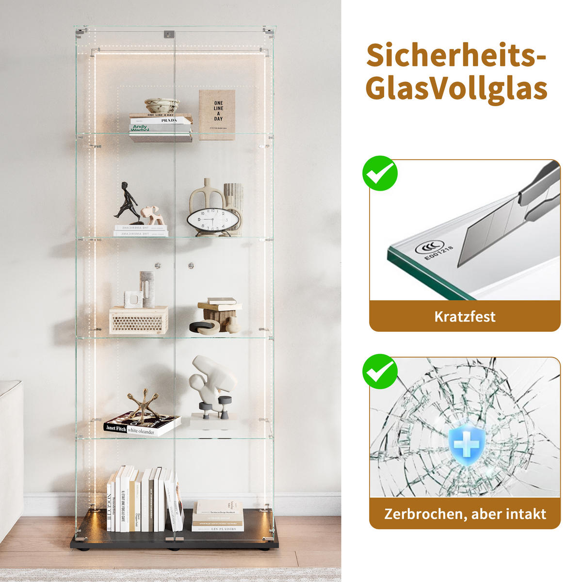 GLASVITRINE mit 5 Einlegeböden, LED-Lichtleiste, Doppeltür mit Sicherheitsschloss in schwarz - Schwarz, Glas/Holz (36.5/183/80.6cm) - BRILVERDE