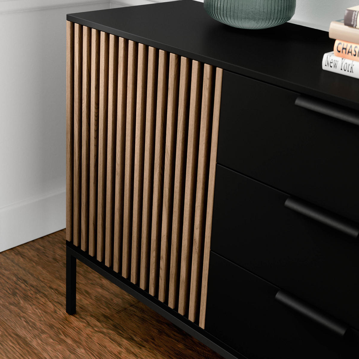 KOMMODE - Meteor (Schwarz + Artisan) - Schwarz, Holzwerkstoff/Metall (150/80/40cm) - Möblo