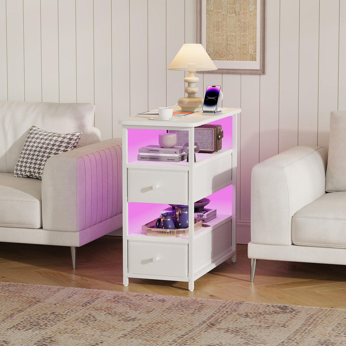 NACHTTISCH LED USB 2 Schubladen 2 Fächer weiß - Weiß, Holz (58/28/60.5cm) - LEBENLANG